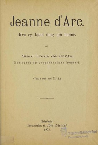 Mark Twain: Jeanne d'Arc. (Norwegian language, 1905, Prenteverket)