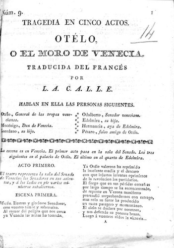 William Shakespeare: Otélo ó el moro de Venecia (Spanish language, 1816, Ildefonso Mompié)
