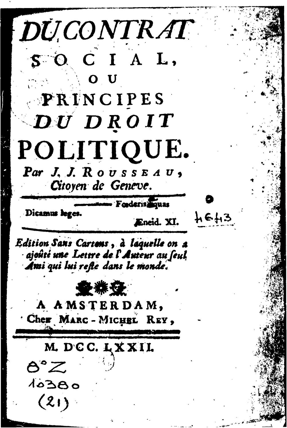 Jean-Jacques Rousseau: Du contrat social, ou Principes du droit politique (French language, 1772, Marc-Michel Rey)