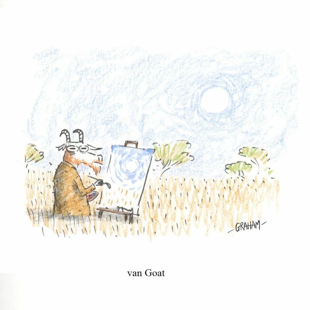 A cartoon illustration of a goat looking like Van Gogh, working on a painting in a field. Caption reads "van Goat"