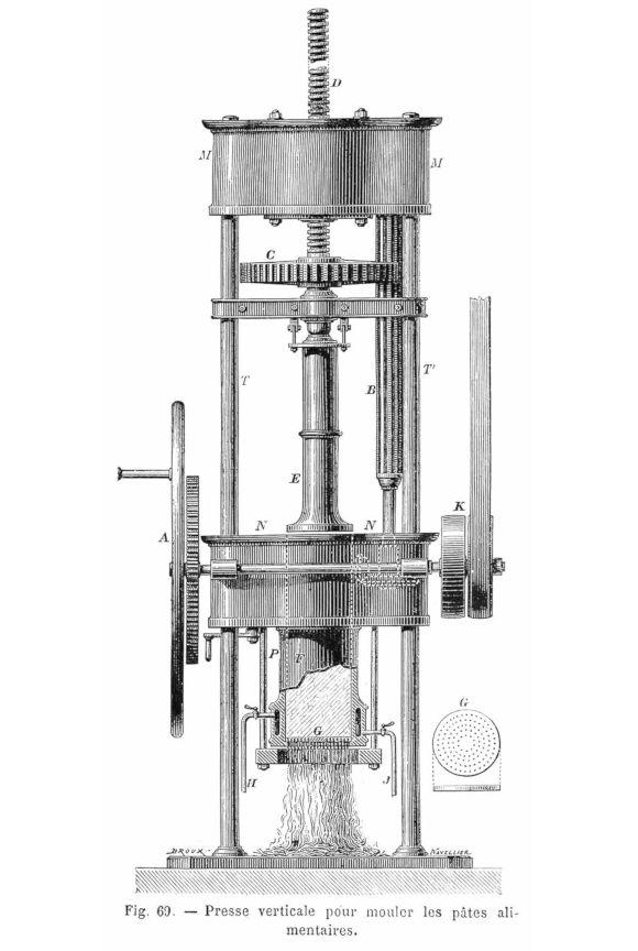 Wood engraving showing a vertical press used to shape pasta (looks like spaghetti).