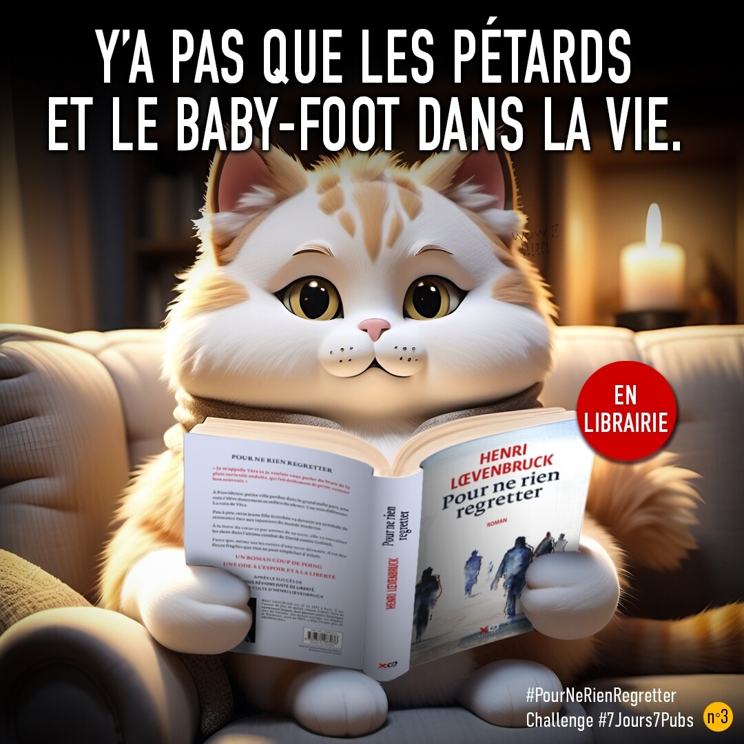 "Y'a pas que les pétards et le baby-foot dans la vie". En dessous on voit un chat assis confortablement sur un canapé, qui lit le roman Pour ne rien regretter.