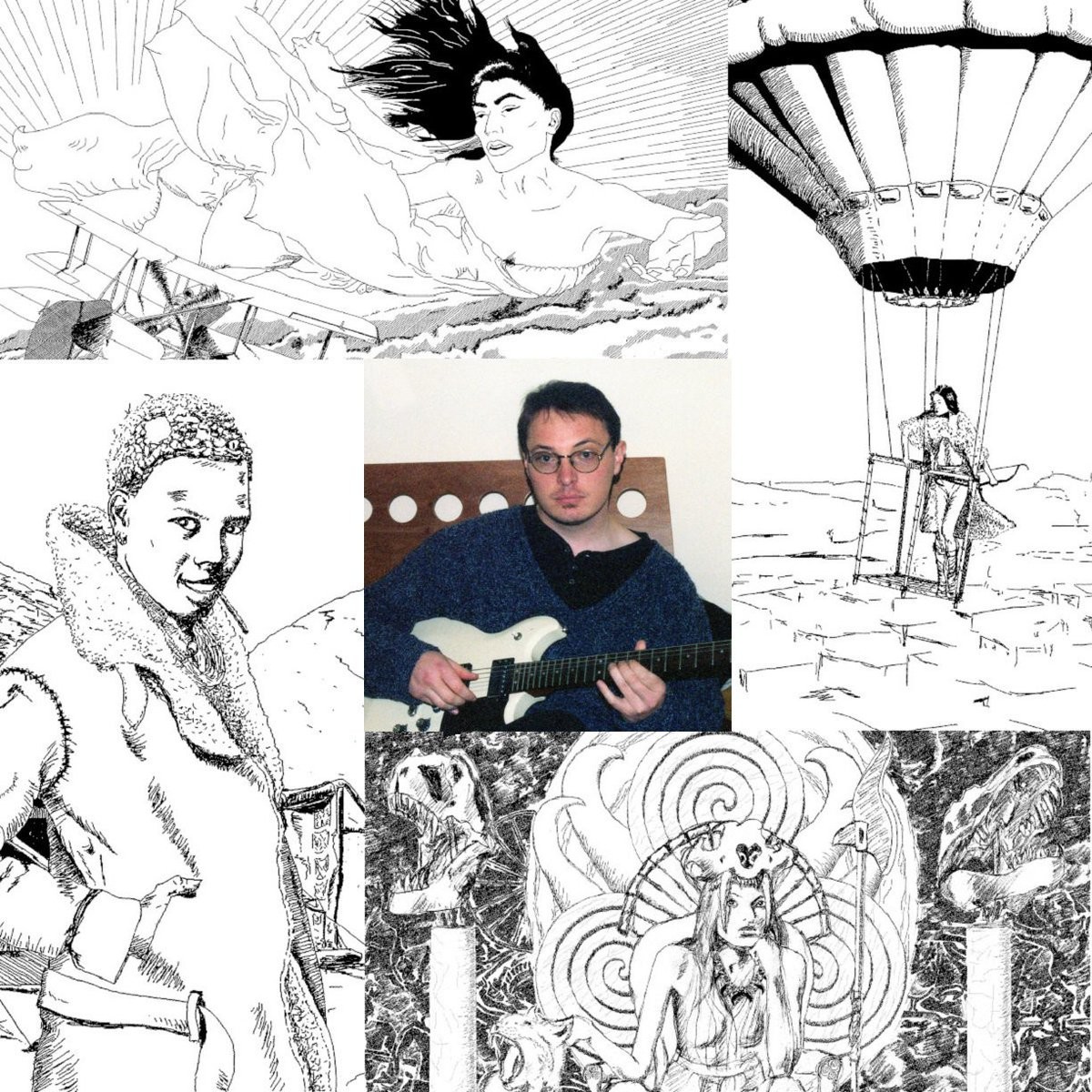 A photo portrait of myself as a young artist, surrounded by art that I have drawn. Most of it was for a homebrew ttrpg I used to run.