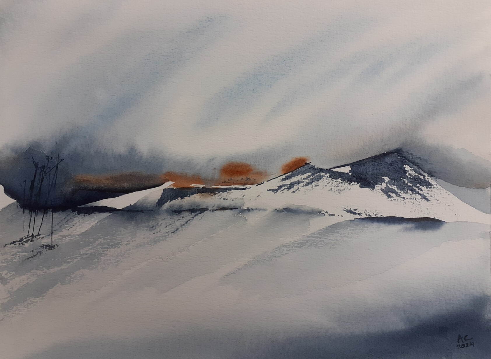 Un paysage de montagne peint à l'aquarelle, dans les tons gris, bleu et brun. À gauche, on distingue quelques arbres dénudés, tandis le plus haut sommet se trouve sur la gauche.