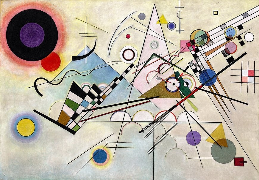 Tableau de Vassily Kandinsky, Composition n°8, 1923, huile sur toile, 140 x 201 cm, Solomon R. Guggenheim Museum, New York, USA, © Bridgeman Images. L'oeuvre montre des formes géométriques et des lignes de couleurs diverses : en haut à gauche, un cercle rose entoure un cercle noir et un violet ; au centre, de nombreuses lignes droites se coupent les unes les autres, alors que des ronds jaunes, bleus ou violets sont disposés autour. Le fond de l'oeuvre est blanc avec des dégradés de bleu et de jaunes.