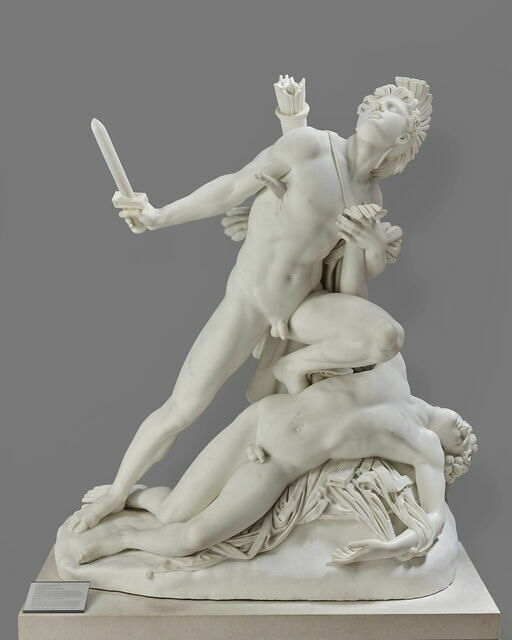 Statue en marbre intitulée La Mort d'Euryale et de Nisus, par Jean Baptiste Louis Roman et datée de 1827.
On y voit un guerrier (nu) debout, ployé à demi sur le cadavre d'un autre guerrier (tout aussi nu). Le guerrier debout lève la tête vers le ciel et tend un glaive court. Il porte un carquois sur le dos et un casque à panache sur la tête. Le manche d'une arme dépasse de sa poitrine et on devine qu'il va bientôt mourir. 
Le cadavre est celui d'un jeune homme dans une pose très abandonnée et presque lascive. Le guerrier survivant tient la main du cadavre. Car oui, ce soir, on va parler d'icônes gays.