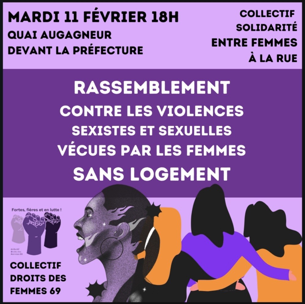 Visuel violet incitant à se mobiliser pour les femmes à la rue