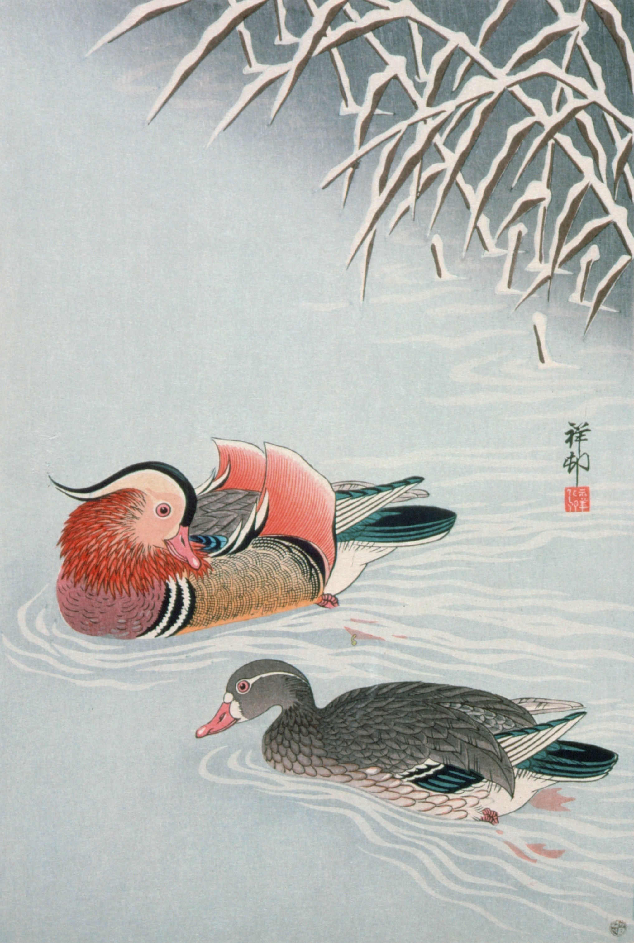 Vintage Japanese painting of two ducks in light blue water with snowy reed right above in the painting 