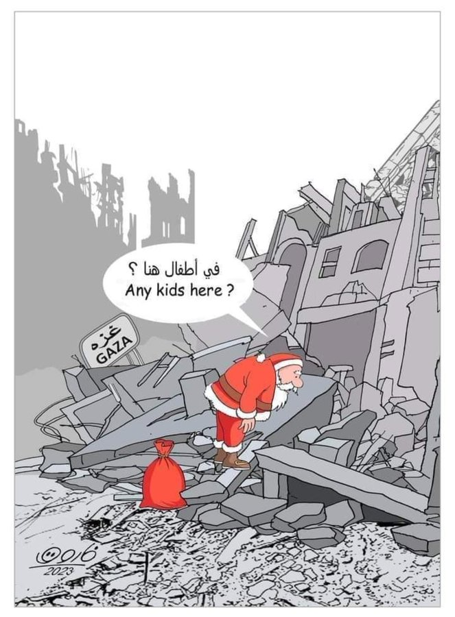 cartoon showing Santa looking for children in the rubble to deliver gifts