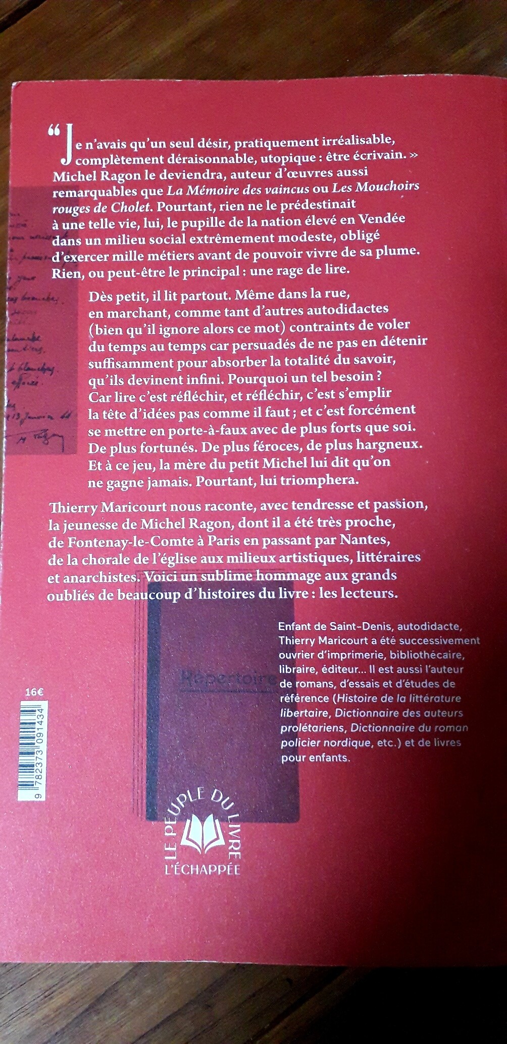 4ème de couverture du livre de Thierry Maricourt "Une rage de lire- Le jeune Michel Ragon ".