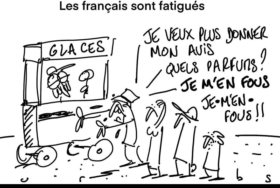 titre du dessin : les français sont fatigués

dessin : une queue devant une baraque à glace.
le personnage dit :
je veux plus donner mon avis. quel parfum ? je m'en fout. Je. m'en. fout.